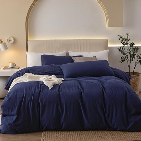 JIYUAN King Duvet Cover Set Washed Cotton Navy Blue
