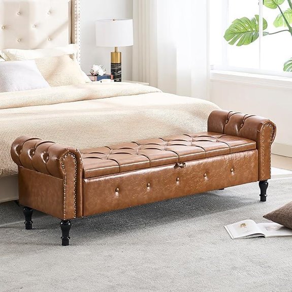 Brown Faux Leather Storage Bedroom Bench with Arms