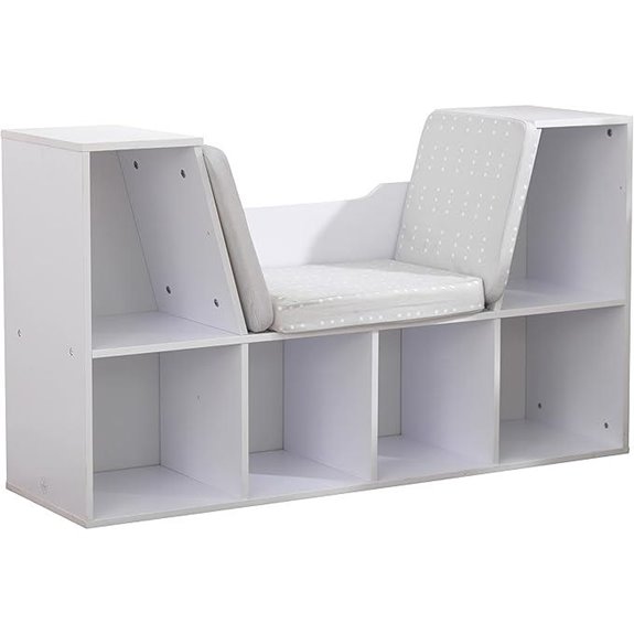 KidKraft Wooden Bookcase with Reading Nook Storage and Gray Cushion White