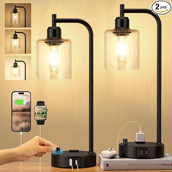 Industrial Bedside Lamps Set with USB Charging
