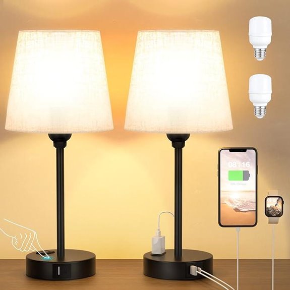 Mini Bedside Lamps with USB & Outlet Dimmable Black