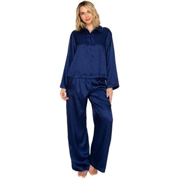 Badgley Mischka Silky Jacquard Satin Long Sleeve and Wide Leg Pajama Set