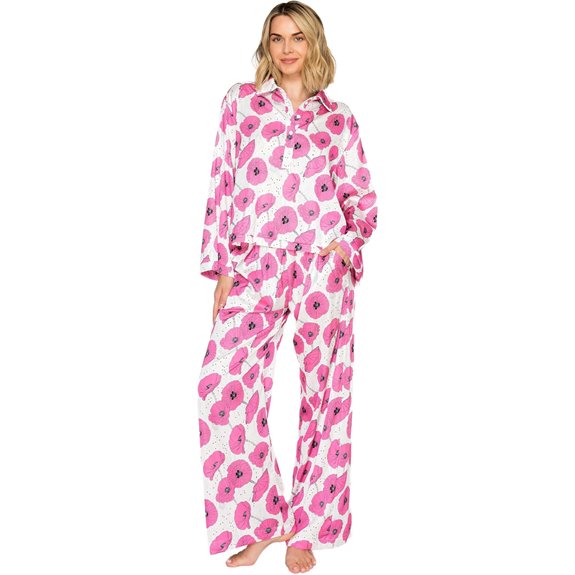 Badgley Mischka Floral Silky Satin Long Sleeve and Wide Leg Pajama Set