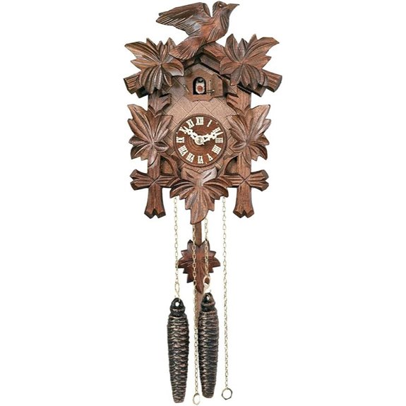 One Day Hand-Carved Cuckoo Clock with Leaves & Bird