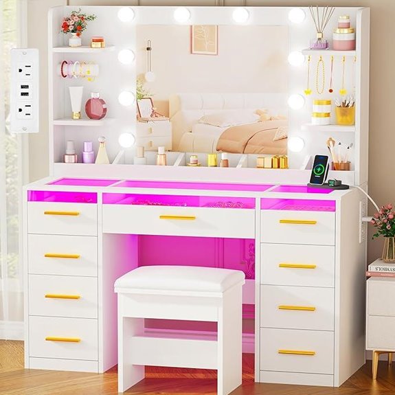 ANWBROAD Vanity Desk with Mirror Lights & Storage
